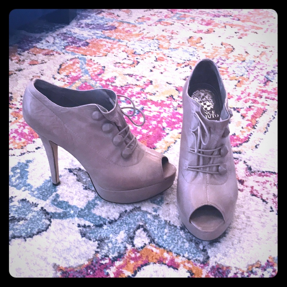 Vince Camuto Taupe Open Toe Booties.